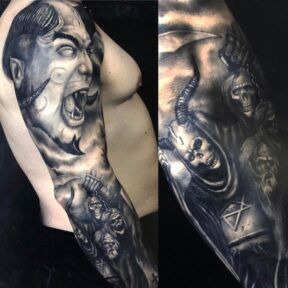 Screaming Figure and Skulls Black and Grey Sleeve